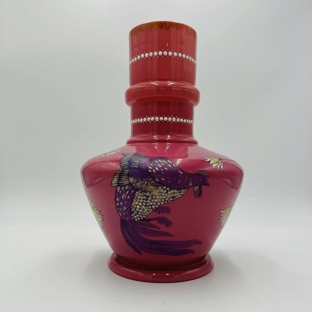 Victorian Aesthetic Pink Opaline Glass Vase Roosters Fighting Daisies Large Rare